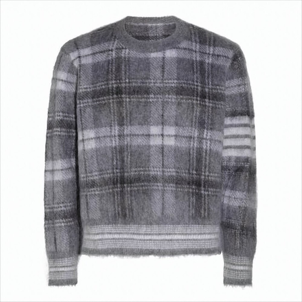THOM BROWNE Plaid Knit Sweater with Fuzzy Texture and Cropped Hem